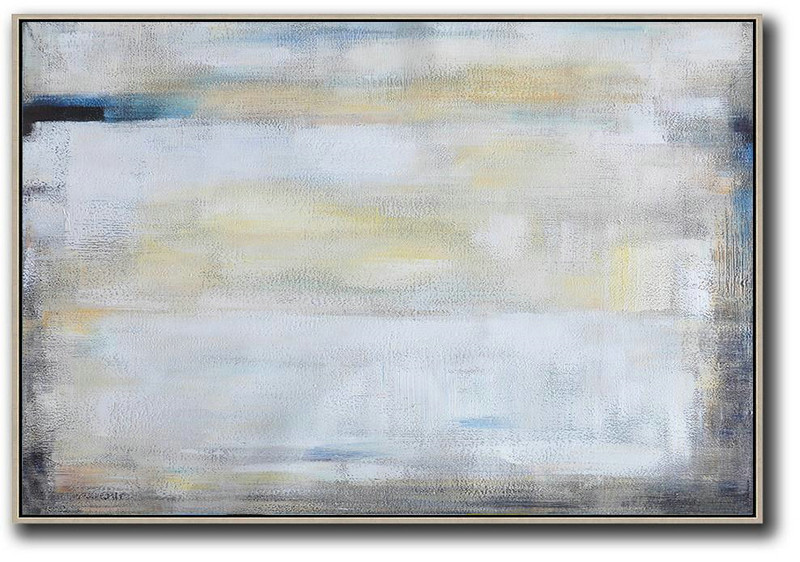 Oversized Horizontal Contemporary Art,Canvas Wall Paintings,White,Grey,Yellow
